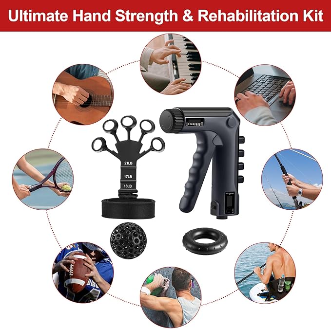 Hand Grip Strengthener Workout Kit with Finger Exerciser, Adjustable Resistance Hand Gripper,Stress Relief Ball and Forearm Workout Ring for Muscle Building and Injury Recover