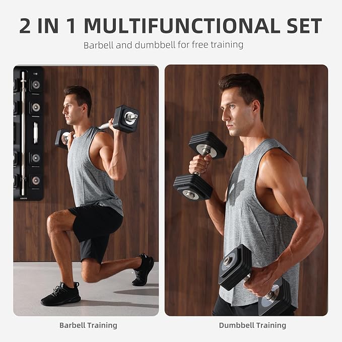 DHT Adjustable Dumbbells, Dumbbell Barbell Sets with Rack, Free Weights Dumbbells Set All-Purpose Fitness, Anti-Rolling, Weights Set for Home, Gym, Office, Wall-Mounted, 2.2-50 lbs, 1 Set / 2 in 1