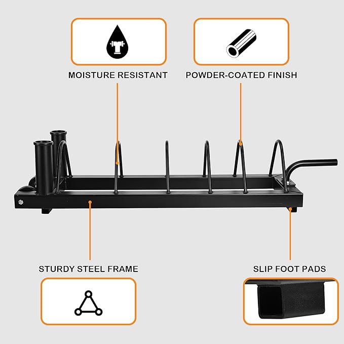 Signature Fitness Horizontal Plate and Olympic Bar Rack Organizer with Steel Frame and Transport Wheels