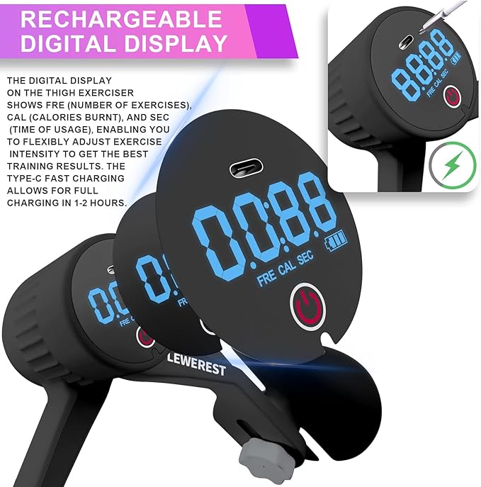 Thigh Master Thigh Exerciser with Counter Rechargeable, 4 Levels Resistance Adjustable Inner Thigh Exercise Equipment, 360° Rotatable Inner Thigh Toner for Women Men