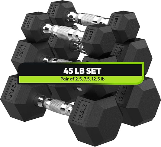 Hex Dumbbell Set, 3-100 lb Rubber Encased Exercise & Fitness Dumbbells, Weights Dumbbells Set of 2, Hand Weight for Strength Training (Single, Pair, Set)