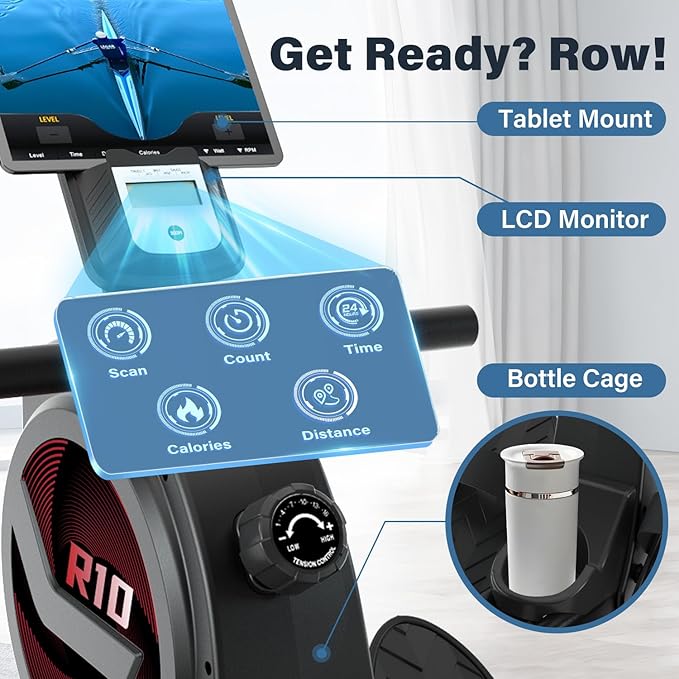 SNODE Rowing Machine for Home, Sturdy Rower Machinewith LCD Monitor, Ergonomic Seat, Dual Rail, High Weight Capacity