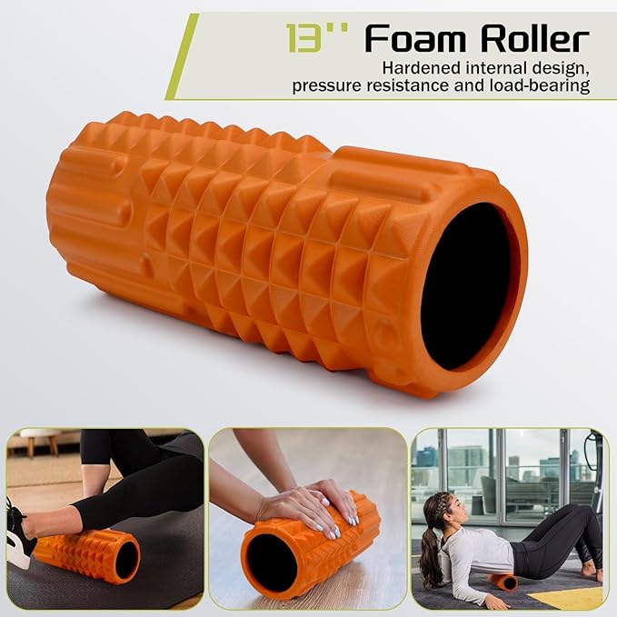 5-in-1 Foam Roller Set, Massage Roller Stick, Massage Ball, Resistance Band for Deep Muscle Massage, Trigger Point Release, Pilates, Yoga (Orange)