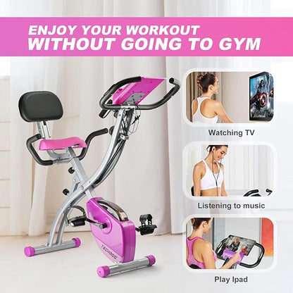 Folding Exercise Bike Portable Upright Adjustable Backrest Cycling Recumbent Stationary Bike Slim Indoor Workout Fitness Cardio Foldable Exercise Bicycle Machine with Pulse Sensor LCD Monitor Arm Resistance Bands