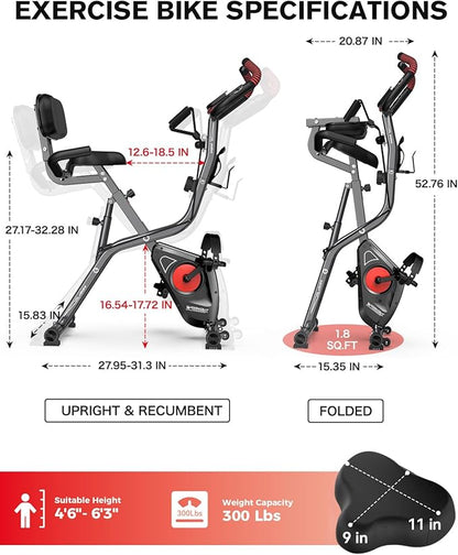 pooboo Folding Exercise Bike, Foldable Fitness Stationary Bike Machine, Upright Indoor Cycling Bike, Magnetic X-Bike with 8-Level Adjustable Resistance, Bottle Holder & Back Support Cushion for Home Gym Workout