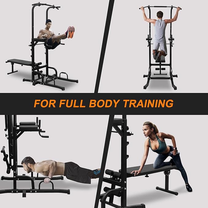 Power Tower with Bench, Pull Up Bar Dip Station with Adjustable Height, Training Workout Equipment, Foldable Heavy Duty Full Body Strength Training Power Tower