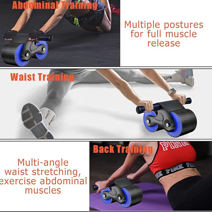 Ab Roller Wheel, Automatic Rebound Abdominal Wheel, Ab Roller for Abs Workout with Knee Mat, Abdominal Wheel for Home, Gym, Women Men or Beginners blue