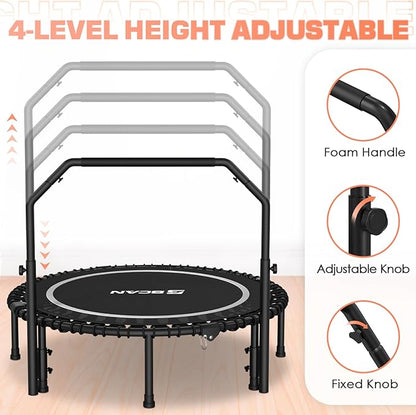 BCAN 450/550 LBS Foldable Mini Trampoline, 40"/48"/50" Fitness Trampoline with Bungees, U/T Shape Adjustable Foam Handle, Stable & Quiet Exercise Rebounder for Kids Adults Indoor/Garden Workout