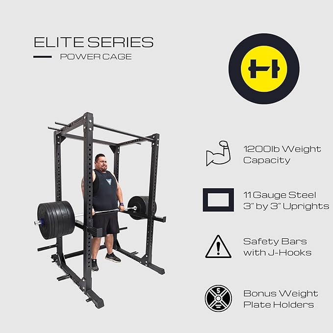 HULKFIT Elite Series 3" x 3" Light Commercial Power Cage Squat Rack for Home and Garage Gym with Attachments & Accessories - Black