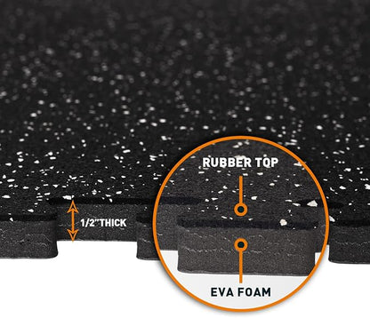 1/2in Thick 48 Sq Ft Rubber Top High Density EVA Foam Exercise Gym Mats Non-slip 12 Pcs - Interlocking Puzzle Floor Tiles for Home Gym Heavy Workout Equipment Flooring - 24 x 24in Tile, Black & White