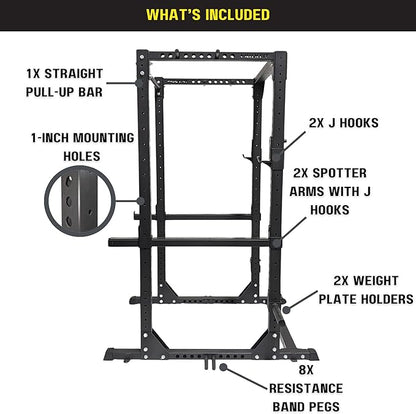 HULKFIT Elite Series 3" x 3" Light Commercial Power Cage Squat Rack for Home and Garage Gym with Attachments & Accessories - Black