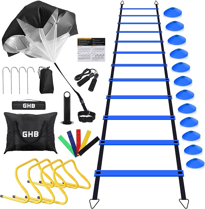 GHB Agility Ladder,Football Training Equipment Set,4 Agility Hurdles, 20 feet12 Rungs Speed Ladder,12 Disc Cones,Resistance Parachute, Jump Rope, 4 Resistance Bands