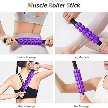 SUBCULTUREPICK5 in 1 Foam Roller Set for Deep Tissue Muscle Massage, Trigger Point Fitness Patented Exercise Foam Roller, Massage Roller, Massage Ball, Stretching Strap, for Whole Body (Purple)