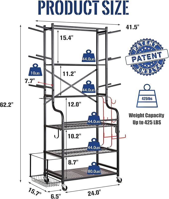 Mythinglogic Yoga Mat Storage Racks,Home Gym Storage Rack for Dumbbells Kettlebells Foam Roller, Yoga Strap and Resistance Bands, Workout Equipment Storage Organizer With Hooks and Wheels