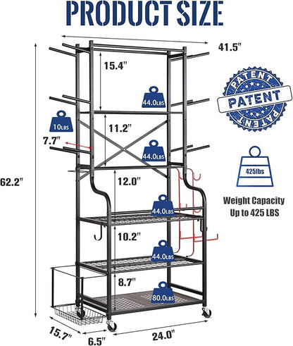 Mythinglogic Yoga Mat Storage Racks,Home Gym Storage Rack for Dumbbells Kettlebells Foam Roller, Yoga Strap and Resistance Bands, Workout Equipment Storage Organizer With Hooks and Wheels