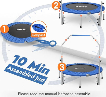 BCAN 40/48" Foldable Mini Trampoline Max Load 330lbs/440lbs, Fitness Rebounder with Adjustable Foam Handle, Exercise Trampoline for Adults Indoor/Garden Workout