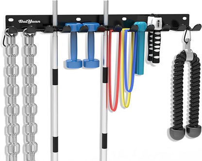 Home Gym Storage Rack - Multi-Purpose Heavy Duty Gym Rack Organizer, Wall Mount Barbell Rack Gym Equipment Hanger for Olympic Barbells, Resistance Bands, Jump Ropes, Row Handles, etc. (26", 12 Hook)