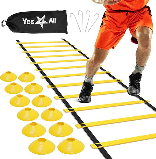 Yes4All Speed Training Equipment Set: 15ft Agility Ladder, Resistance Parachute, 5 Agility Hurdles, 12 Disc Cones with Carry Bag/Strap