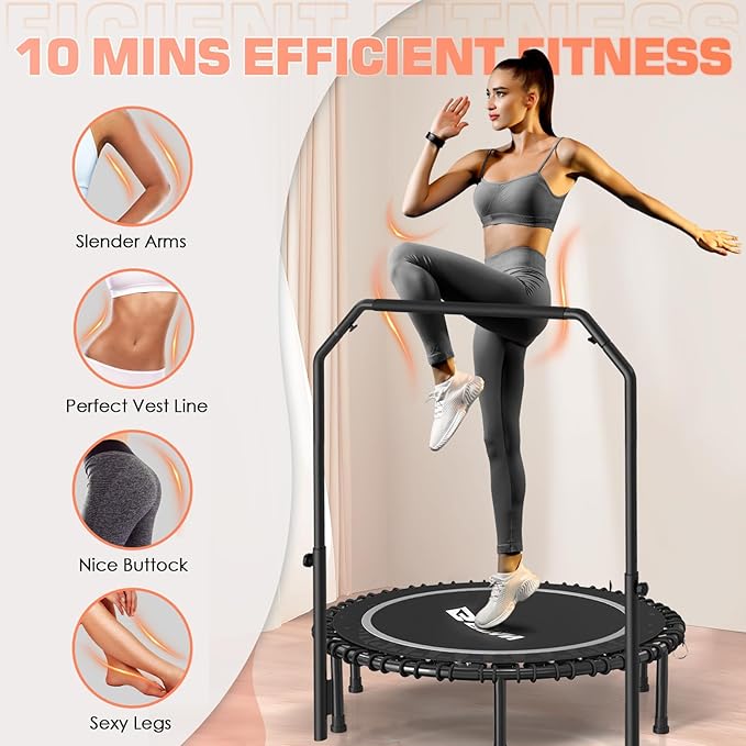 BCAN 450/550 LBS Foldable Mini Trampoline, 40"/48"/50" Fitness Trampoline with Bungees, U/T Shape Adjustable Foam Handle, Stable & Quiet Exercise Rebounder for Kids Adults Indoor/Garden Workout