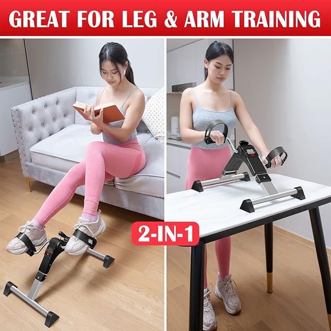 Under Desk Bike Pedal Exerciser, Foldable Mini Exercise Bike for Leg and Arm Workouts, Fully Assembled Desk Bike Peddler Machine for Seniors with Clear LCD Display & Adjustable Resistance