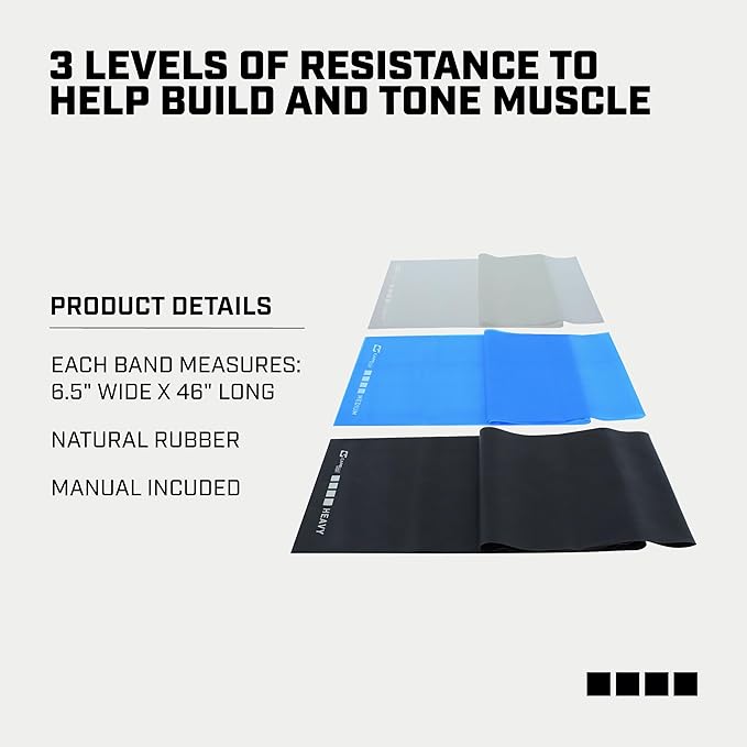 Capelli Sport Resistance Bands, Light, Medium and Heavy Exercise Flat Bands, Multicolor, 46 Inch, Pack of 3, Gray Blue Black