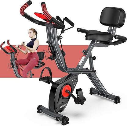 pooboo Folding Exercise Bike, Foldable Fitness Stationary Bike Machine, Upright Indoor Cycling Bike, Magnetic X-Bike with 8-Level Adjustable Resistance, Bottle Holder & Back Support Cushion for Home Gym Workout