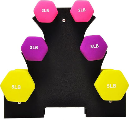 Signature Fitness Neoprene Dumbbell Hand Weights, Anti-Slip, Anti-roll, Hex Shape Colorful, Pair or Set with Stand