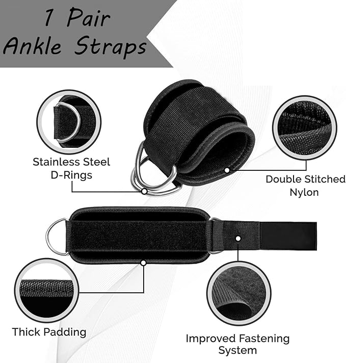 Ankle Straps Ankle Resistance Bands Wrist Cuffs Padded Straps Adjustable Fitness Glute Kickback D-Ring for Cable Machine Gym Foot Leg Training Brace Support 1 Pair