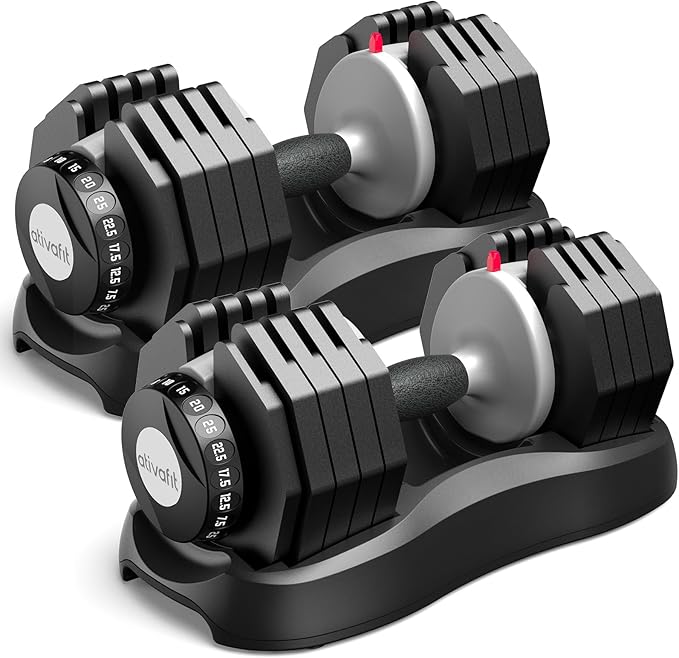 ATIVAFIT Adjustable Dumbbell Set, 55LB Dumbbell Weights Set, 10 in 1 Free Weights Fast Adjusted by One Hand, Dumbbells with Safety Lock, Anti-Slip Handle and Tray for Home Gym Workout Fitness Strength Training