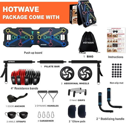 HOTWAVE Portable Workout Equipment with 20 Gym Accessories.Push Up Board &Plank,Resistance Band with Ab Roller Wheel,Exercise at Home For Men and Women