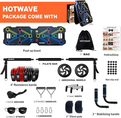 HOTWAVE Portable Workout Equipment with 20 Gym Accessories.Push Up Board &Plank,Resistance Band with Ab Roller Wheel,Exercise at Home For Men and Women