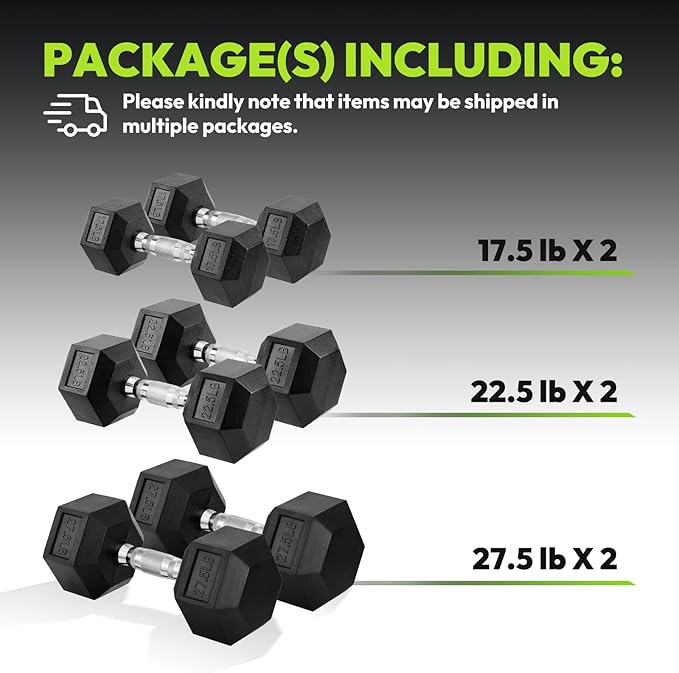 Hex Dumbbell Set, 3-100 lb Rubber Encased Exercise & Fitness Dumbbells, Weights Dumbbells Set of 2, Hand Weight for Strength Training (Single, Pair, Set)