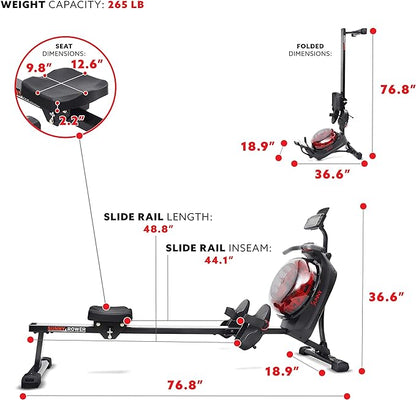 Sunny Health & Fitness Elite Water Rowing Machine with High Resistance Vertical Tank, Optional Exclusive Bluetooth SunnyFit App