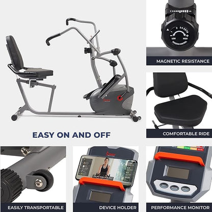 Sunny Health & Fitness Compact Performance Recumbent Bike with Dual Motion Arm Exercisers, Quick Adjust Seat & Optional Exclusive SunnyFit App Enhanced Bluetooth Connectivity