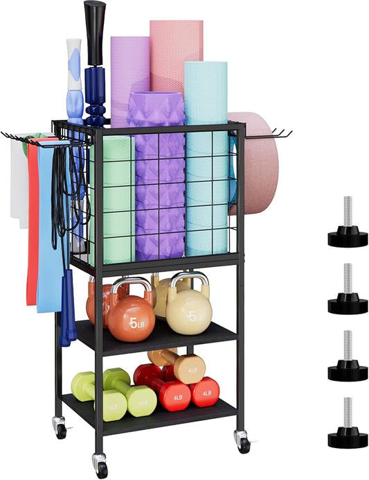 Weight Rack for Home Gym, Workout Equipment Storage Organizer, Home Gym Yoga Mat Storage Rack, Weight Storage Racks with Hooks, Yoga Mat Holder with Wheels for Yoga Block, Dumbbell, Resistance Band