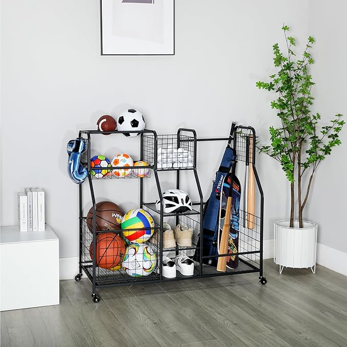 Golf Bag Storage Rack - Fits 2 Golf Bags, Garage Sports Equipment Organizer with Baskets, Garage Organizers and Storage with Hooks, Movable Ball Storage Cart with Wheel for Garage, Gym, Shed, Outdoor