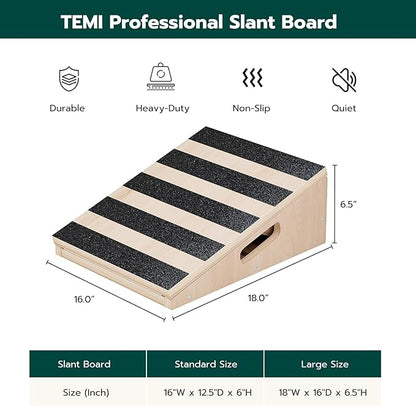 TEMI Calf Stretcher Slant Board - Professional Incline Board for Calf Stretching Heavy Duty, Adjustable Wooden Stretch Wedge Board for Foot Ankle, Knee, Achilles and Calf Stretching Exercise (Large)