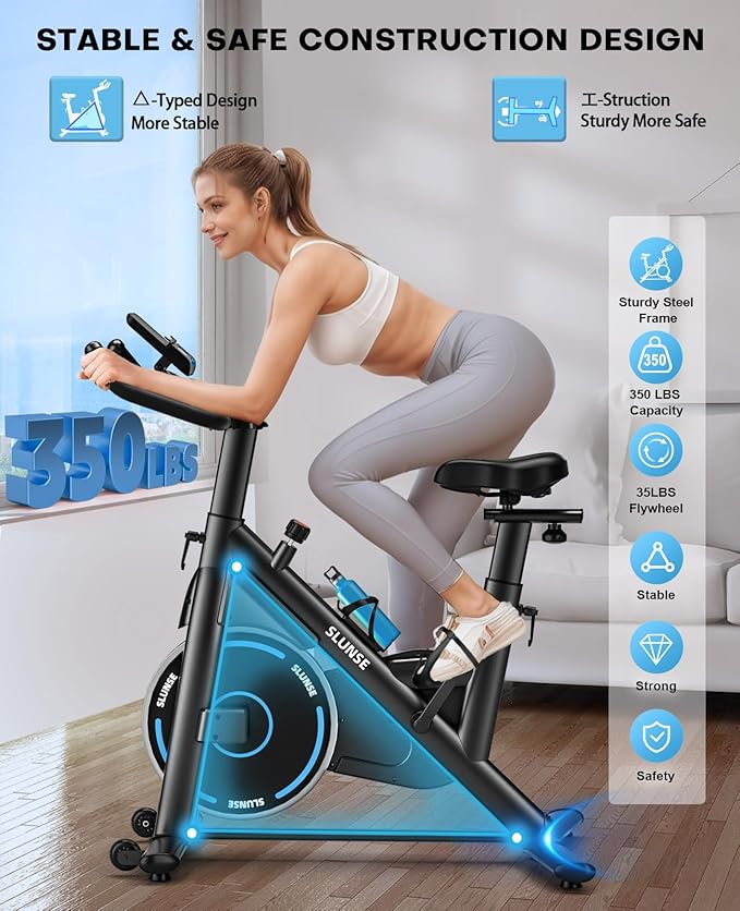 Exercise Bike, Adjustable Magnetic Resistance Brake Stationary Bikes for Home, Quiet Indoor Cycling Bike with Upgraded Seat Cushion, Digital Monitor & Phone Mount, 350lbs Weight Capacity