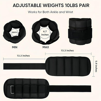 Adjustable Ankle/Wrist Weights Set 10-pound Pair with Removable 1-5lbs Each for Women and Men - Hand/Leg/Foot/Arm Weights for Aerobics, Walking, Jogging, Yoga, Pilates, Home, Gym