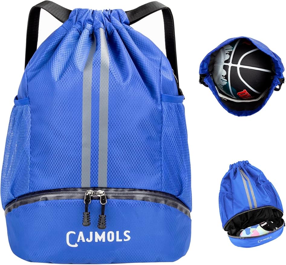 Drawstring Backpack with Ball Compartment Water Resistant Sport Equipment Bag for Soccer Volleyball Baseball Softball Football Yoga Swimming (Q-Blue)