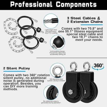 Weight Cable Pulley System Gym, Upgraded Cable Pulley Attachments for Gym LAT Pull Down, Biceps Curl, Tricep, Arm Workouts - Weight Pulley System Home Gym Add On Equipment