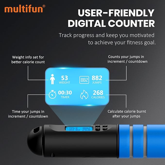 Jump Rope, multifun Speed Skipping Rope with Calorie Counter, Adjustable Digital Counting Jump Rope with Ball Bearings and Alarm Reminder for Fitness, Crossfit, Exercise, Workout, Boxing, MMA, Gym