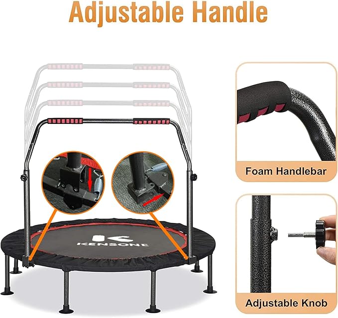 KENSONE 40"/48" Foldable Mini Trampoline, Indoor Trampoline for Kids, Adults Indoor/Garden Workout, Fitness Rebounder with Adjustable Foam Handle, Max Load 330/450 lbs