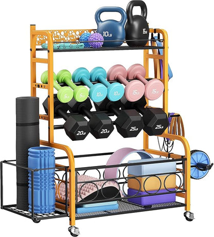 Weight Rack for Dumbbells, Dumbbell Rack Weight Stand, VOPEAK Home Gym Storage Rack for Yoga Mat Kettlebells and Strength Training Equipment, Weight Storage Holder Rack for Dumbbells with Wheels