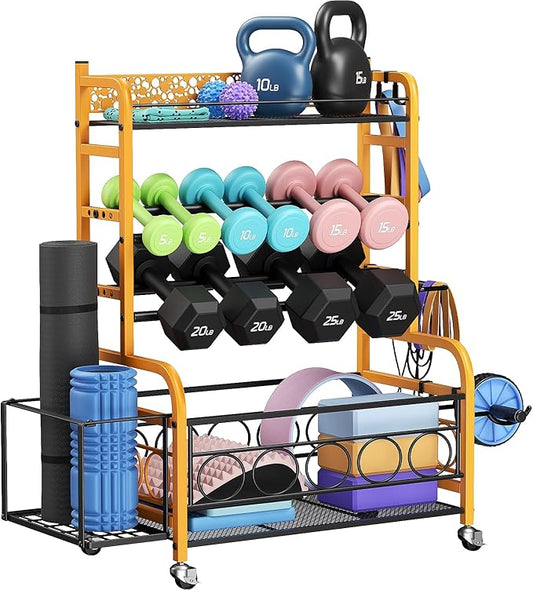 Weight Rack for Dumbbells, Dumbbell Rack Weight Stand, VOPEAK Home Gym Storage Rack for Yoga Mat Kettlebells and Strength Training Equipment, Weight Storage Holder Rack for Dumbbells with Wheels