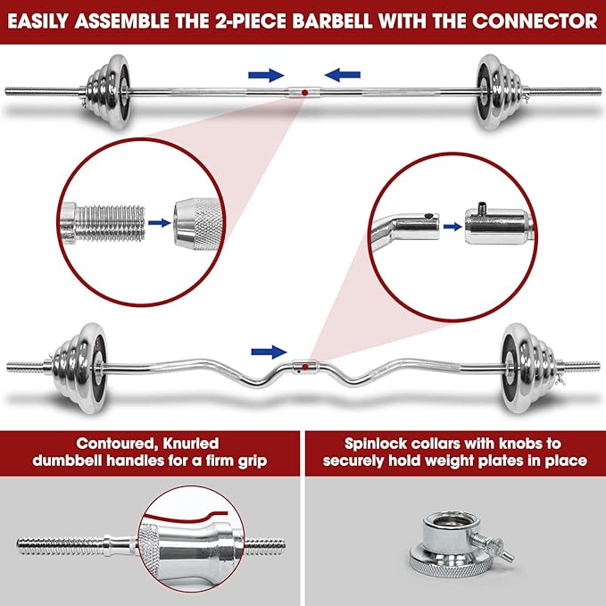 STOZM Dumbbell Set 121lbs Chrome Coated with Carry Case – Versatile Chrome Dumbbell Set with Straight Barbell, Curl Barbell, 2 Connectors, 20 Weight Plates, 2 Dumbbell Handles & 8 Collars