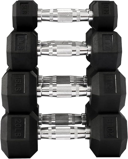 Signature Fitness Rubber Encased Hex Dumbbell, Set Including 5, 10, 15, 20LB Pairs