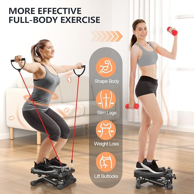 Steppers for Exercise at Home, Mini Stepper with Resistance Bands, Super Quiet Fitness Stair Stepper with 350LBS Loading Capacity - 2024 Upgrade Version