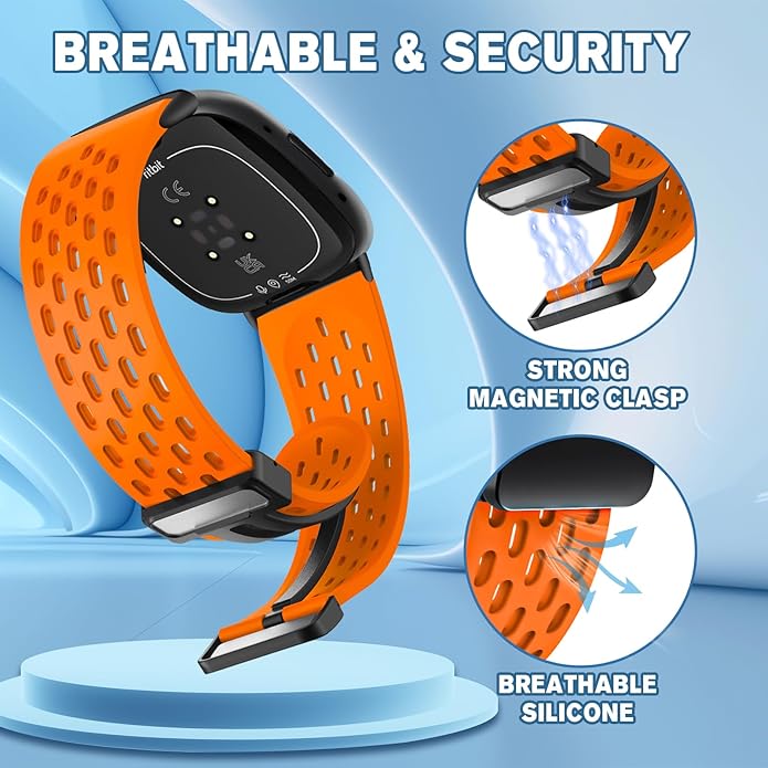 Magnetic Anti Sweat Sport Band Compatible for Fitbit Sense 2/Fitbit Versa 4/Fitbit Sense/Fitbit Versa 3, Waterproof Breathable Soft Silicone Bands for Men Women