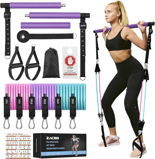 Zacro Pilates Bar Kit with Resistance Bands, 3-Section Pilates Bar with Adjustable Strap, Door Anchor, Handles and Foot Strap, Portable Home Gym Pilates Resistance Bar Kit for Full Body Workouts